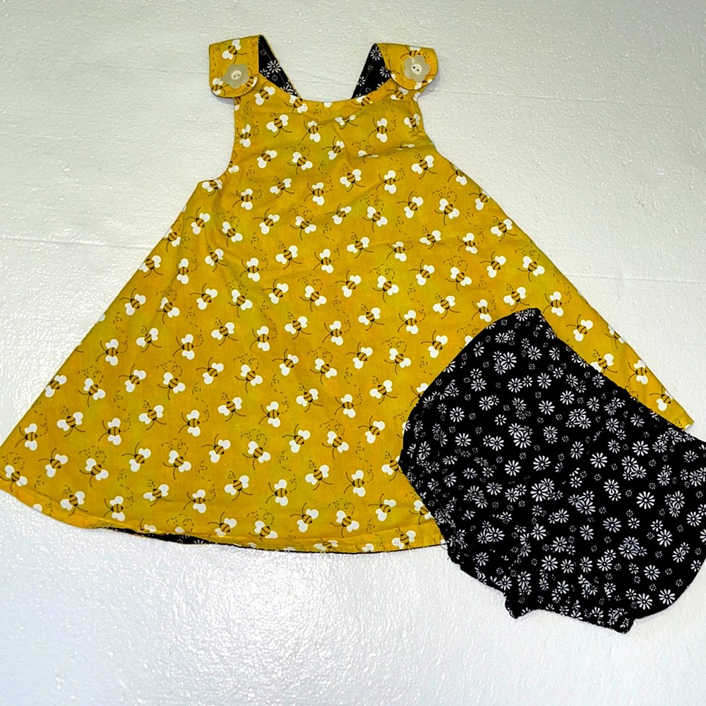 Handmade reversible Bee dress and bloomer